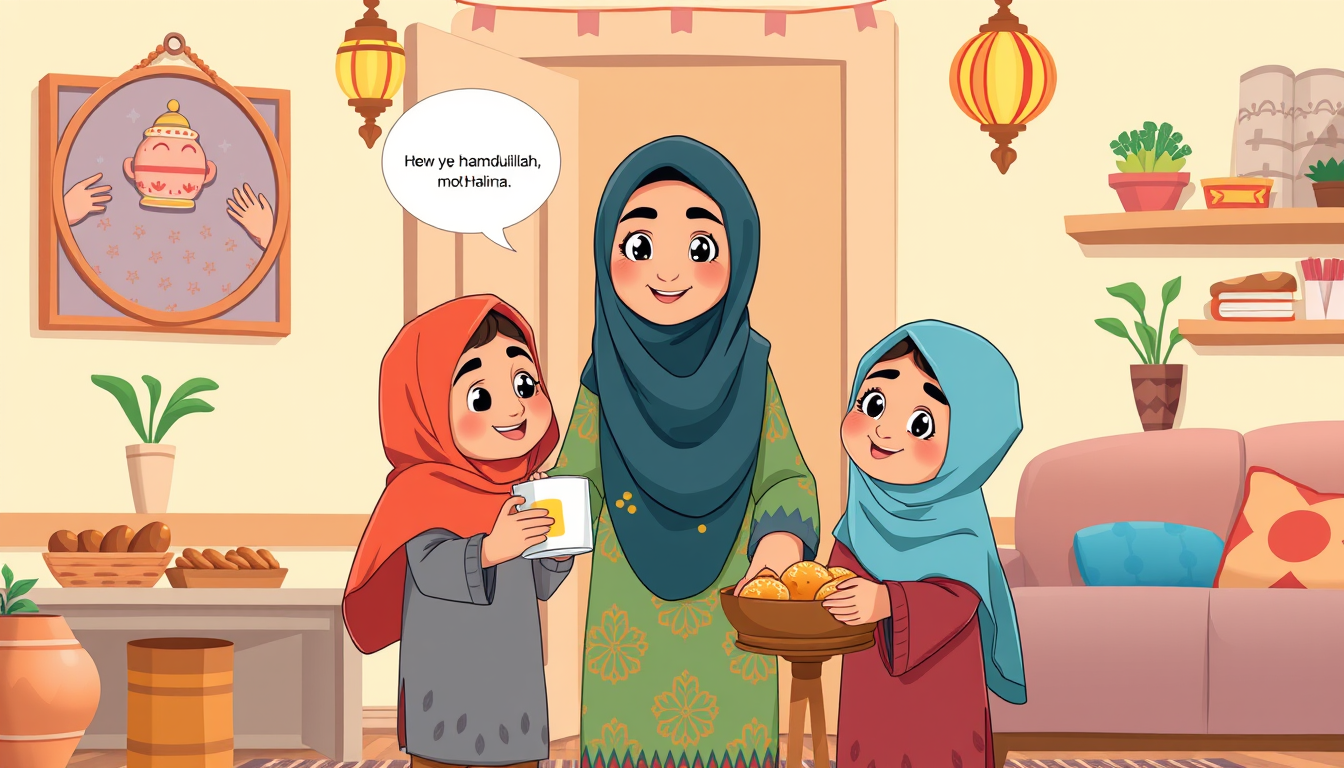 Main art studio: Create a colorful 2D cartoon scene for children aged 5+. The image must show the mother, Halim, and Halima together. A loving Moroccan Muslim mother w