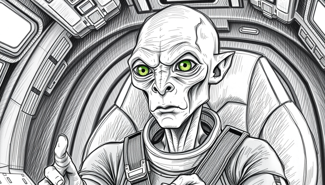 Main art studio: Cinematic close-up of the SAME bald Qllose alien captain from the reference, sitting inside the spaceship and explaining something to his crew. He is