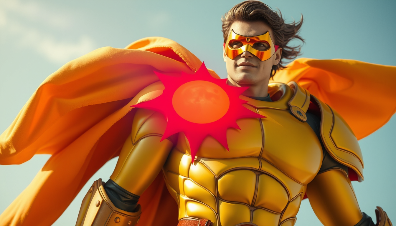 Main art studio: un super héros dans une armure géante jaune avec un vrai soleil rouge sur le torse sans cape, un masque intégrale et une tête de gentil