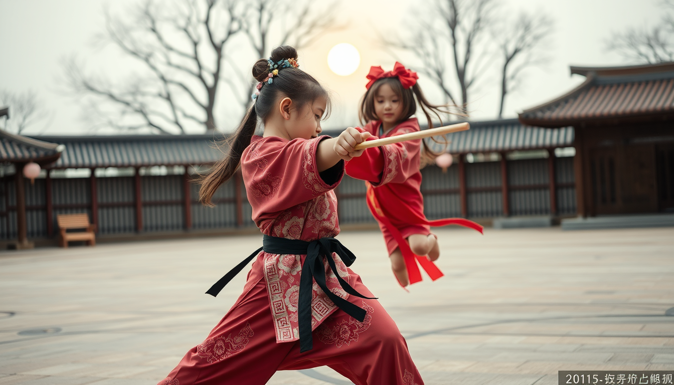 Main art studio: Show the baby girl to be of 5 years and studying and learning the art of combat Art style can be like manhua