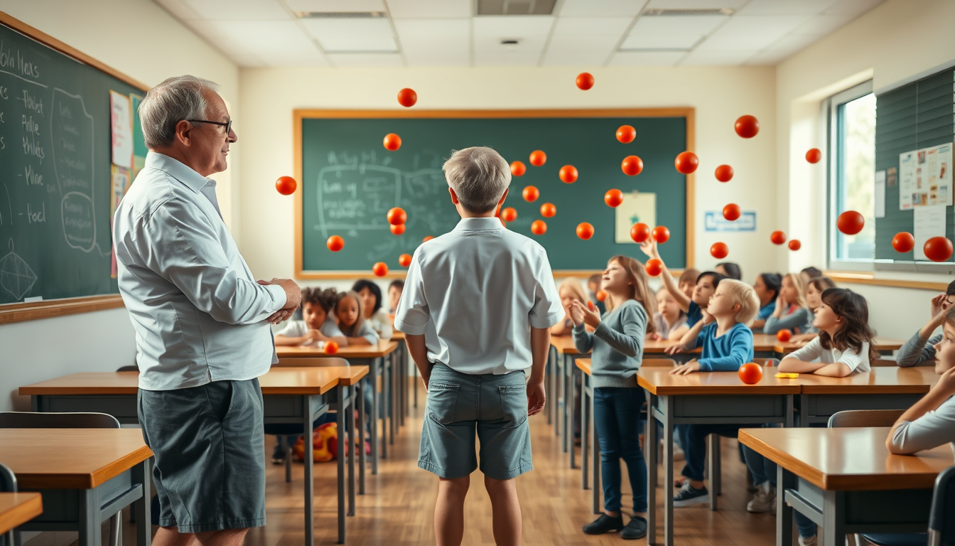 Main art studio: create a picture of a classroom with the teacher (middle aged, short grey balding hair, white shirt, grey shorts and glasses) standing in the front an