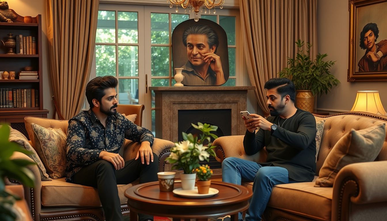 Main art studio: create a realistic image of sharukh khan is sitiing with babar azam and they r in personal house discussing something
