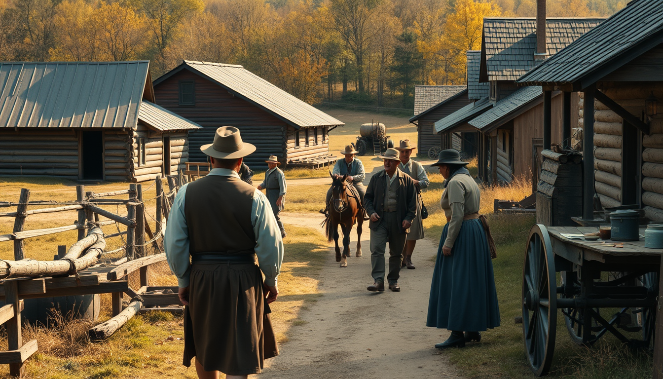 Main art studio: Cinematic historical documentary scene showing everyday life in the thirteen British colonies in the 18th century, colonial families, farmers, craftsm