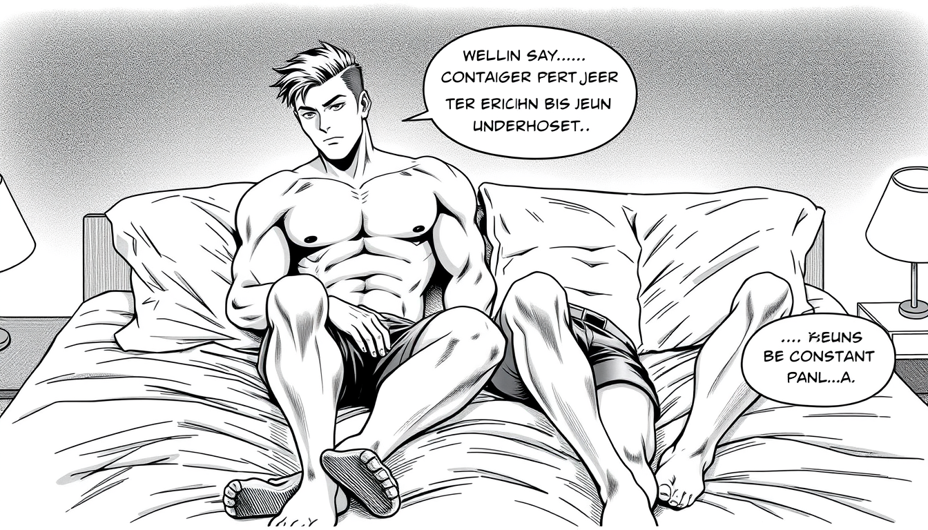 Manga idea created from the prompt: manga panel, black-and-white ink, screentone shading, expressive line weight, zwei Gay(s) (nackt) mit Sixpack. 4 Manga Panels. Panel 1: Cons