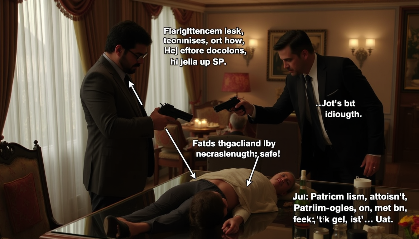 Main art studio: Patrick threatens Param and Julia, then fires but misses. Julia strikes him, but Patrick attacks Param and stabs Julia. He mocks her divorce. When Pat