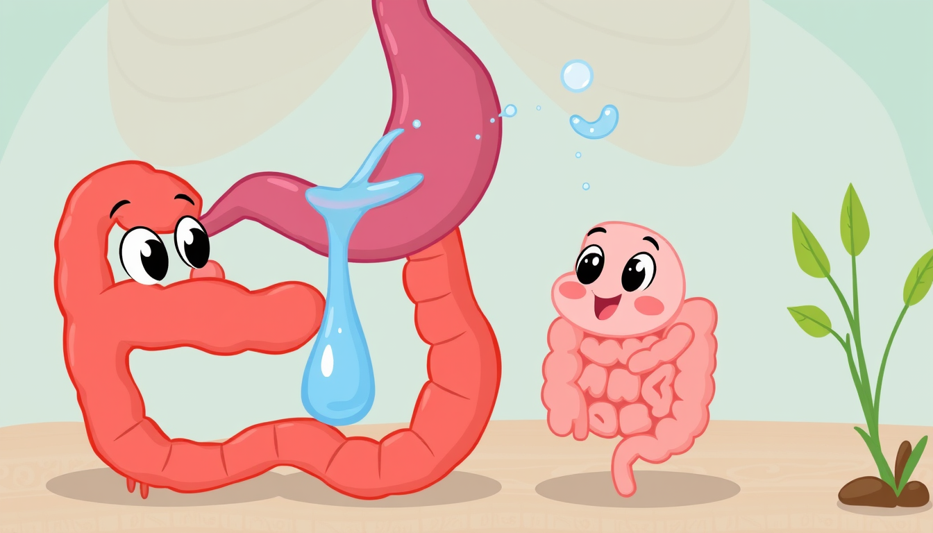 Main art studio: Vertical 9:16, colorful 2D cartoon educational animation showing water moving from the stomach toward the small intestine, cute organs with expressive