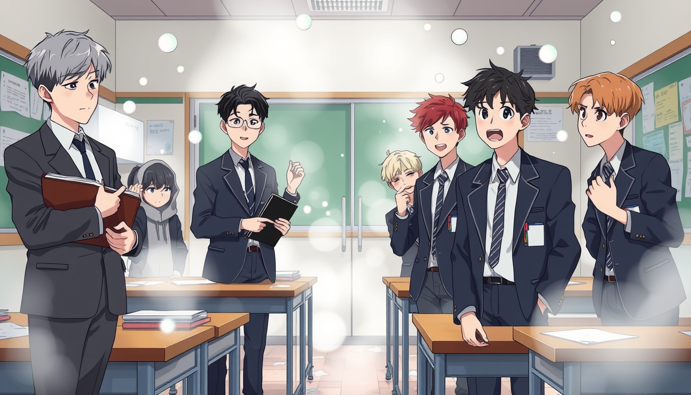 Anime idea created from the prompt: anime style, vibrant colors, expressive eyes, BTS FUNNY SCHOOL ANIME — SCENE 11: MALE TEACHER'S SHOCKING ENTRY Cinematic 2D anime illustrati