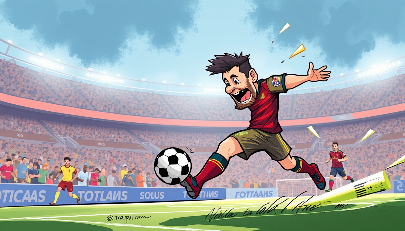 Main art studio: caricatura de Messi haciendo un gol y con las humildad que lo caracteriza