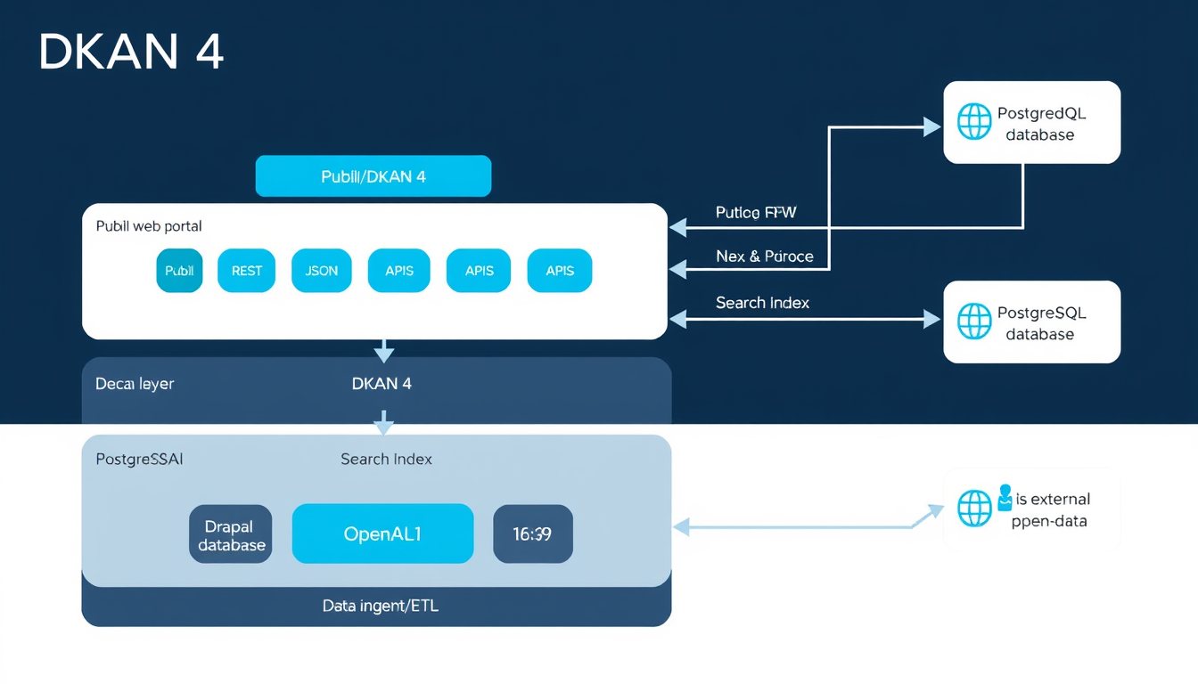 Main art studio: Professional IT architecture visualization of DKAN 4 with Drupal as the core platform. Show clear layers: public web portal, Drupal/DKAN 4, REST & JSO