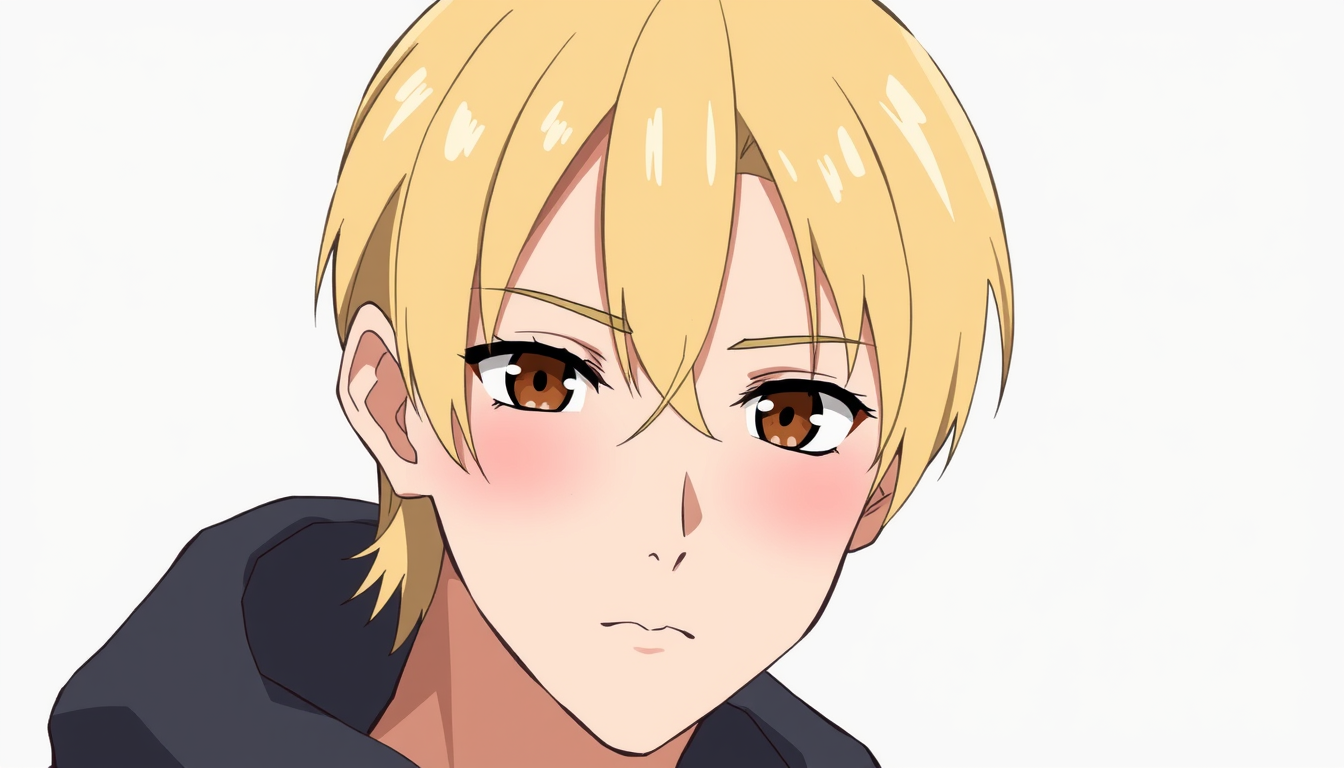 Main art studio: Young male character, slightly longer blond straight hair, modern mod cut, natural face, realistic proportions, mature-looking facial features, brown 
