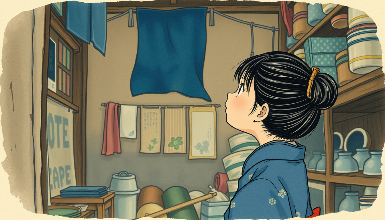 Main art studio: Little Japanese girl with her hair tied up, inside the old ramshackle shop looking up at the blue fabric way up high on a dusty shelf, barely visible 