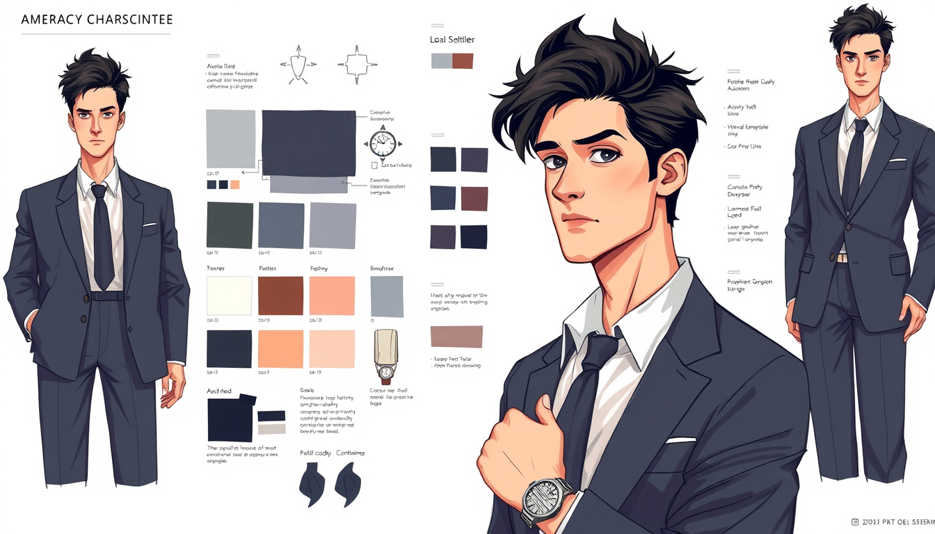 Character Sheet idea: a visual character reference sheet with a dominant full-body view, controlled details, palette swatches, and supporting expressions or accessories, de