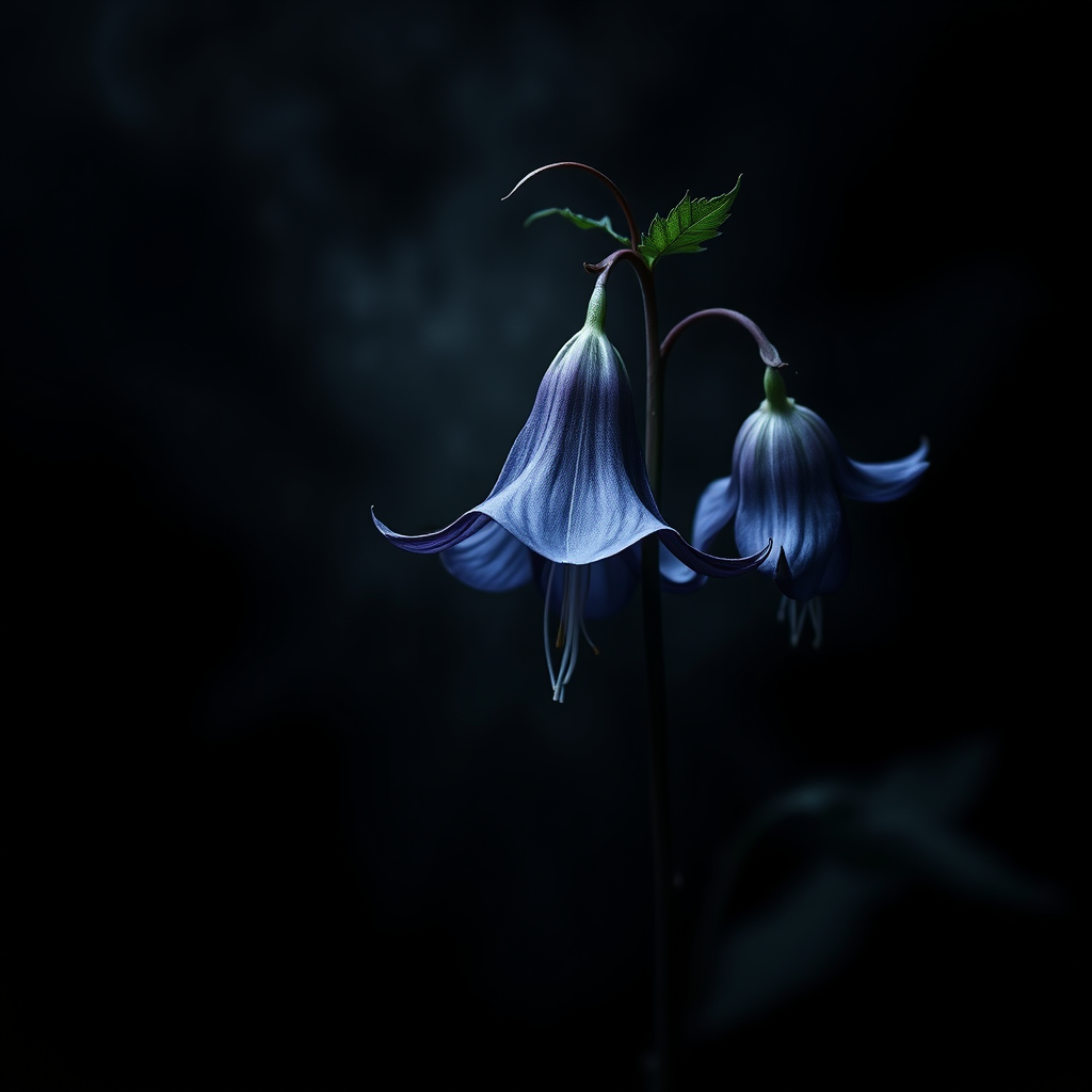 Main art studio: Square dark metalcore album cover featuring a botanically accurate Aconitum (monkshood) flower with deep violet-blue hood-shaped petals and dark green