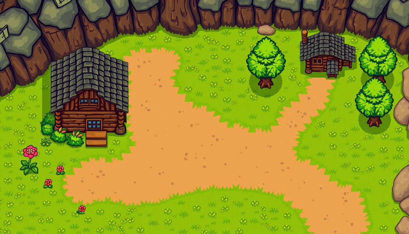 Sprite idea created from the prompt: pixel art game sprite, clean pixel grid, retro 16-bit palette, Top-down pixel art RPG starting area, cozy wooden house on the far left, dirt
