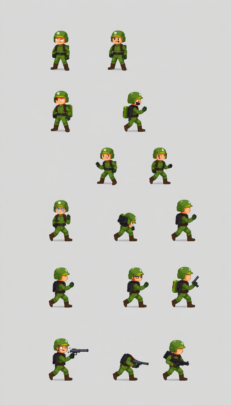 Sprite Sheet idea: sprite sheet, multiple character poses, clean grid layout, pixel game asset style, consistent character design, 2D side-view pixel art platformer sold
