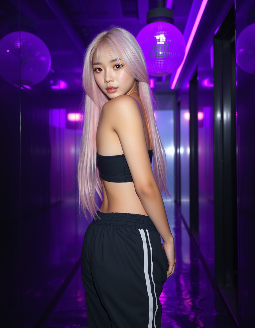 Main art studio: Ultra-realistic photo of a young Japanese woman in a dark nightclub hallway. Very long pastel pink hair, natural skin, soft pink makeup, black straple