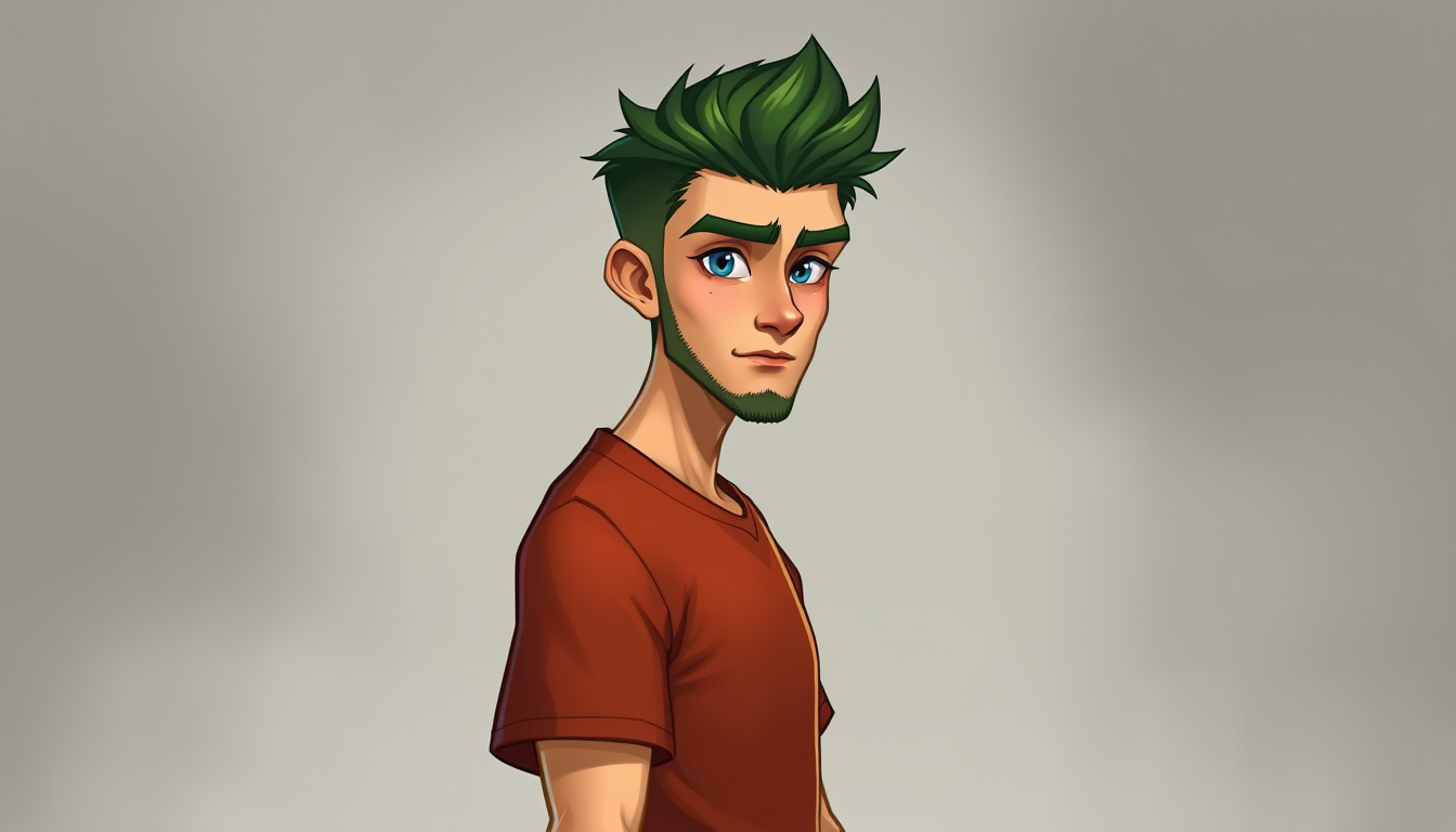 Characters idea: an original character defined by silhouette, role, outfit, palette, and expression, deliberate composition, A 6'2ft man.skintone cream yellow,Green-br