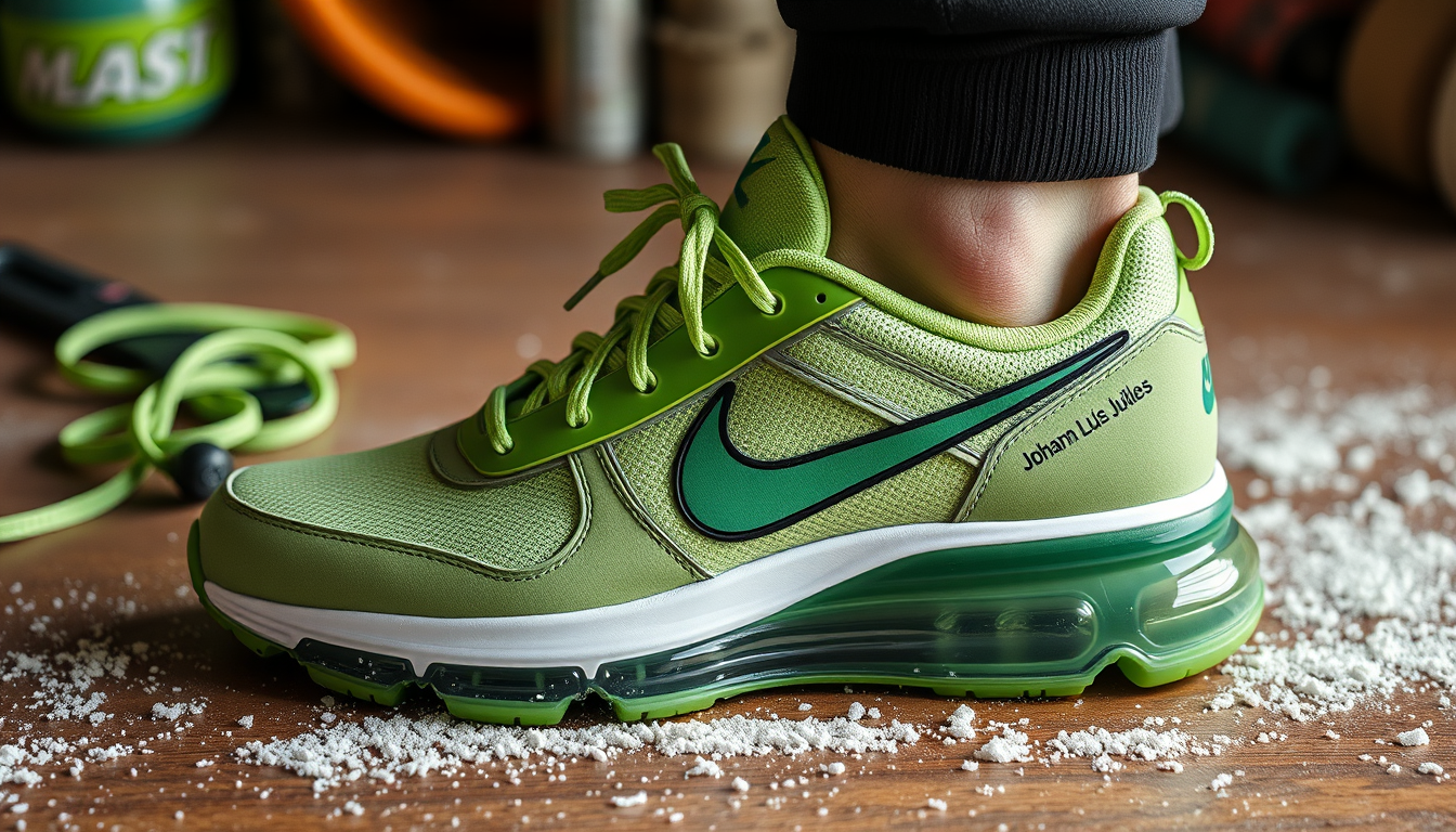 Main art studio: Mache Nike sportschuhe in grüntönen mit Johann Luis Julius Schriftzug
