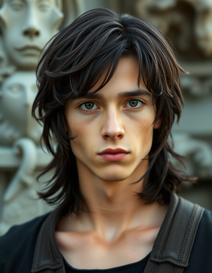 Main art studio: a young fantasy adult male. He has medium-length dark brown hair, reaching approximately to his shoulders at the back and sides, naturally grown out a