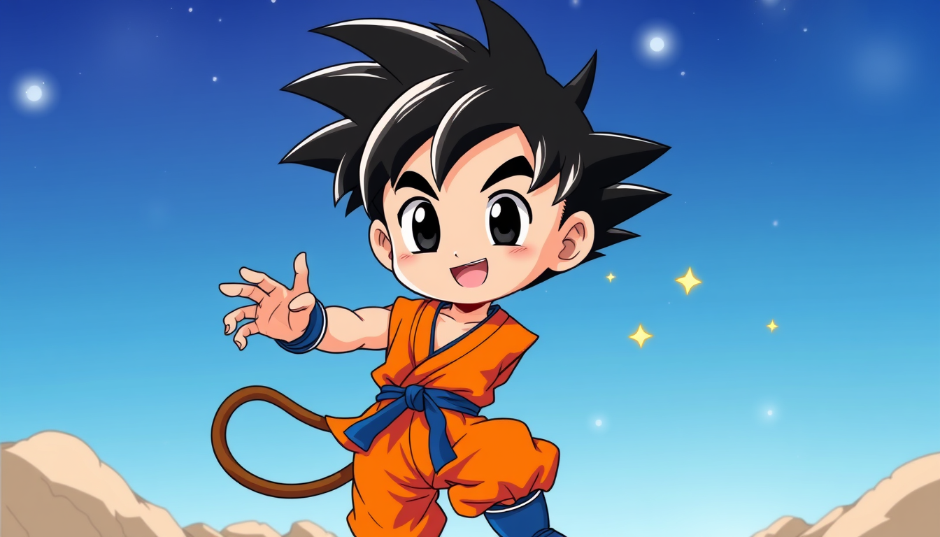 AI Art prompt example created from the prompt: Cute child-aged female version of Goku from Dragon Ball, short spiky black hair, big bright expressive eyes, cheerful mischievous smile, sma