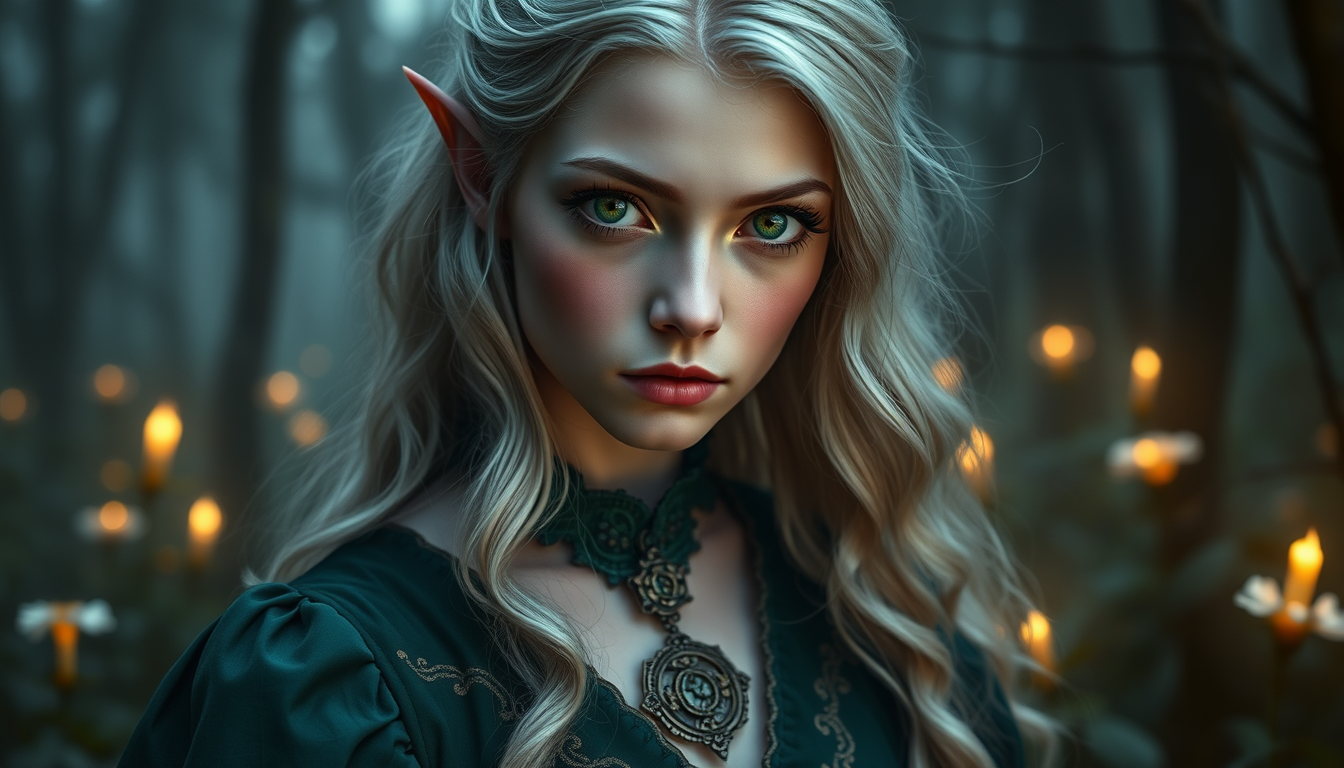 Main art studio: A mysterious young female fantasy character, pale skin, long silver-white wavy hair, vivid emerald-green eyes, delicate pointed ears, a small scar abo