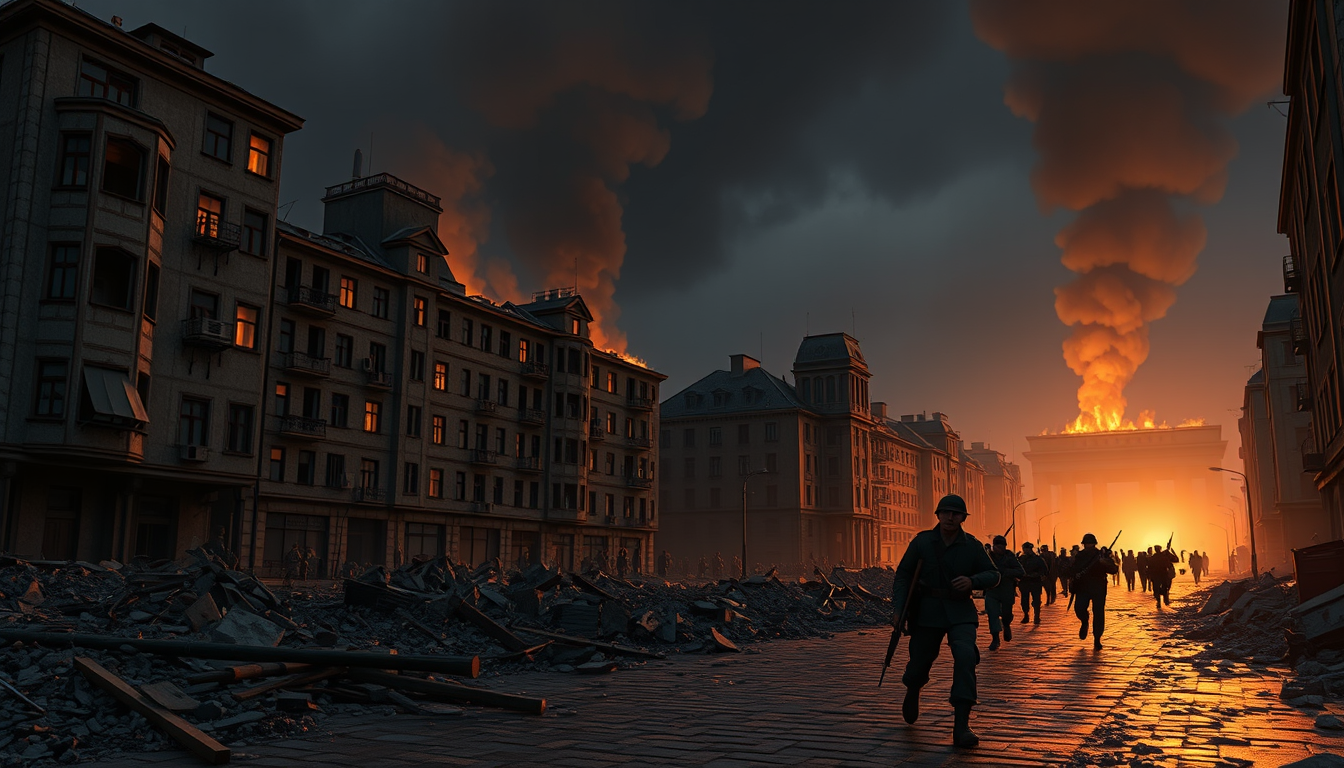 Main art studio: Cinematic 3D animated historical documentary scene, Berlin Germany, late April 1945, a devastated European capital at night, ruined apartment building