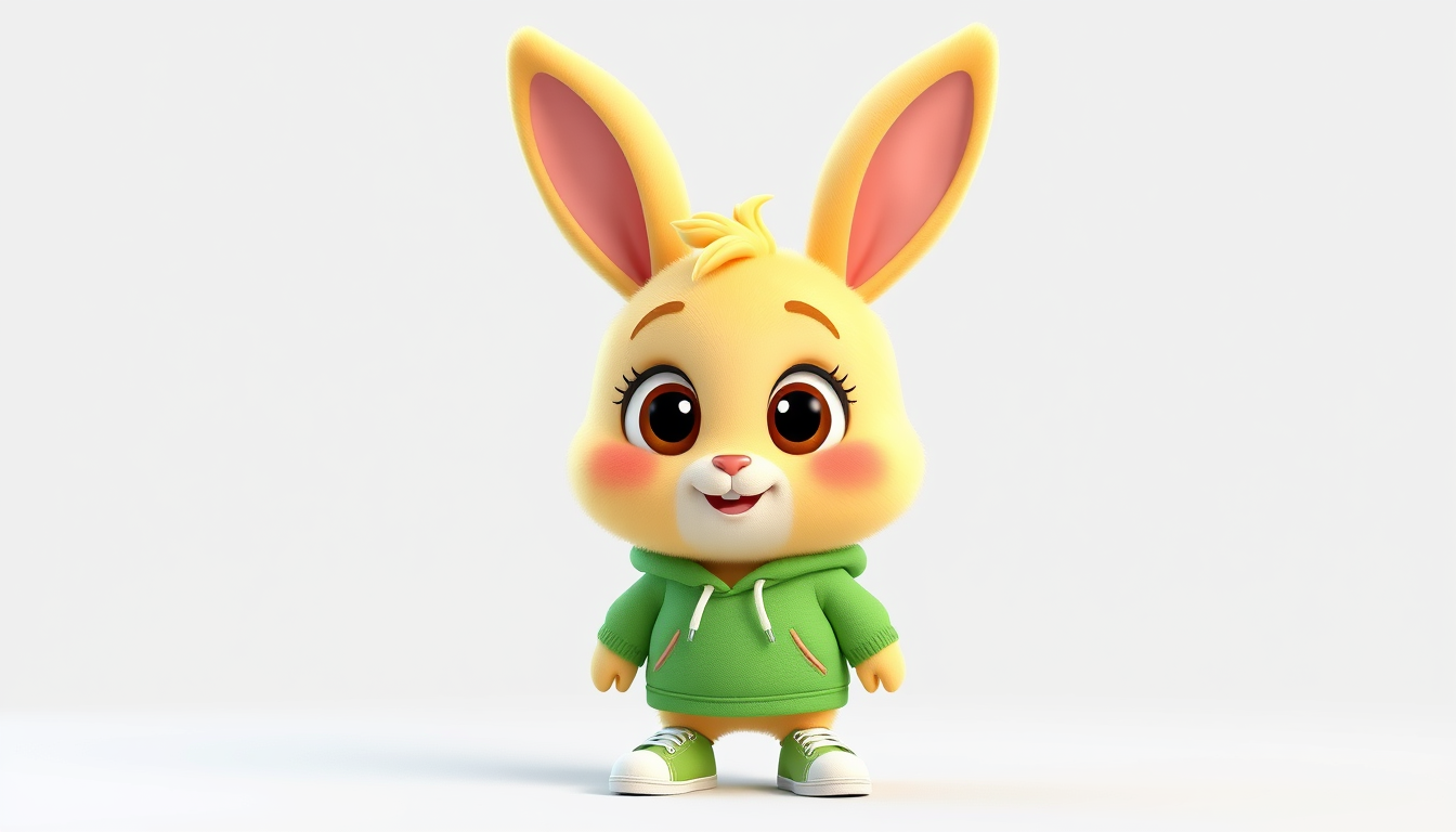AI Art prompt example created from the prompt: Create an original 3D animated character named Beeny, a cute little yellow bunny with big expressive brown eyes, soft fluffy fur, tiny pink