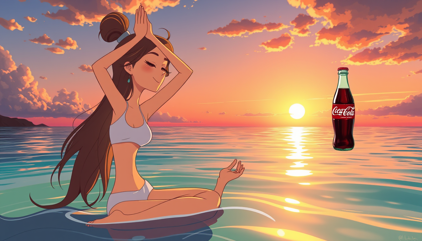 Main art studio: Ciao, mi crei un'immagine di una ragazza che fa yoga al tramonto, mentre beve una Coca-Cola in vetro al mare a Formentera stile cartone animato con ca