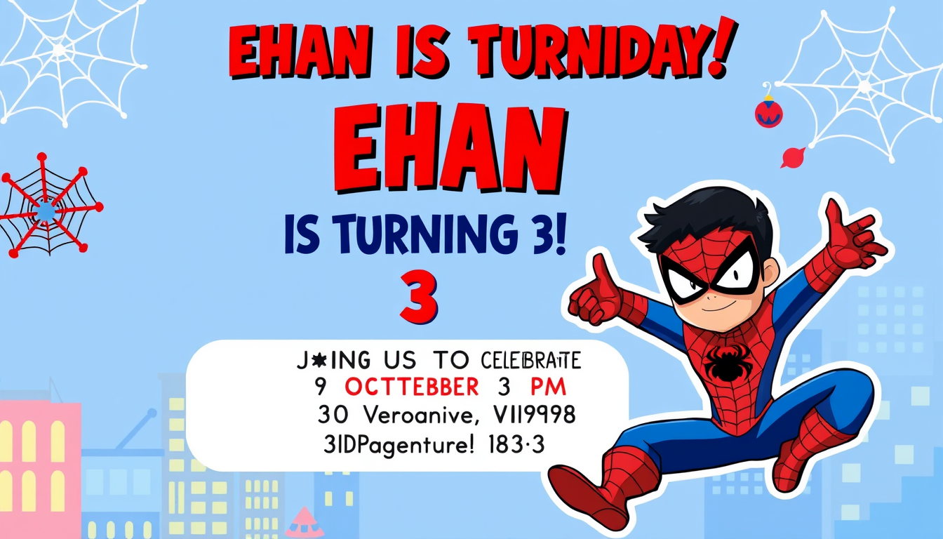 AI Art prompt example created from the prompt: Cute 3rd birthday invitation poster for a little boy named Ehan, Spider-Man inspired superhero theme, red and blue colours, spider webs, sup