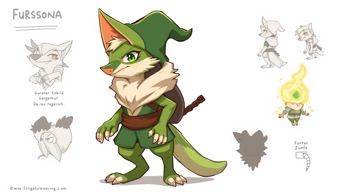 Fursona idea: fursona character, anthropomorphic animal design, expressive personality, reference sheet style, ein grüner kobold der einen zauberhut trägt. Er ist g