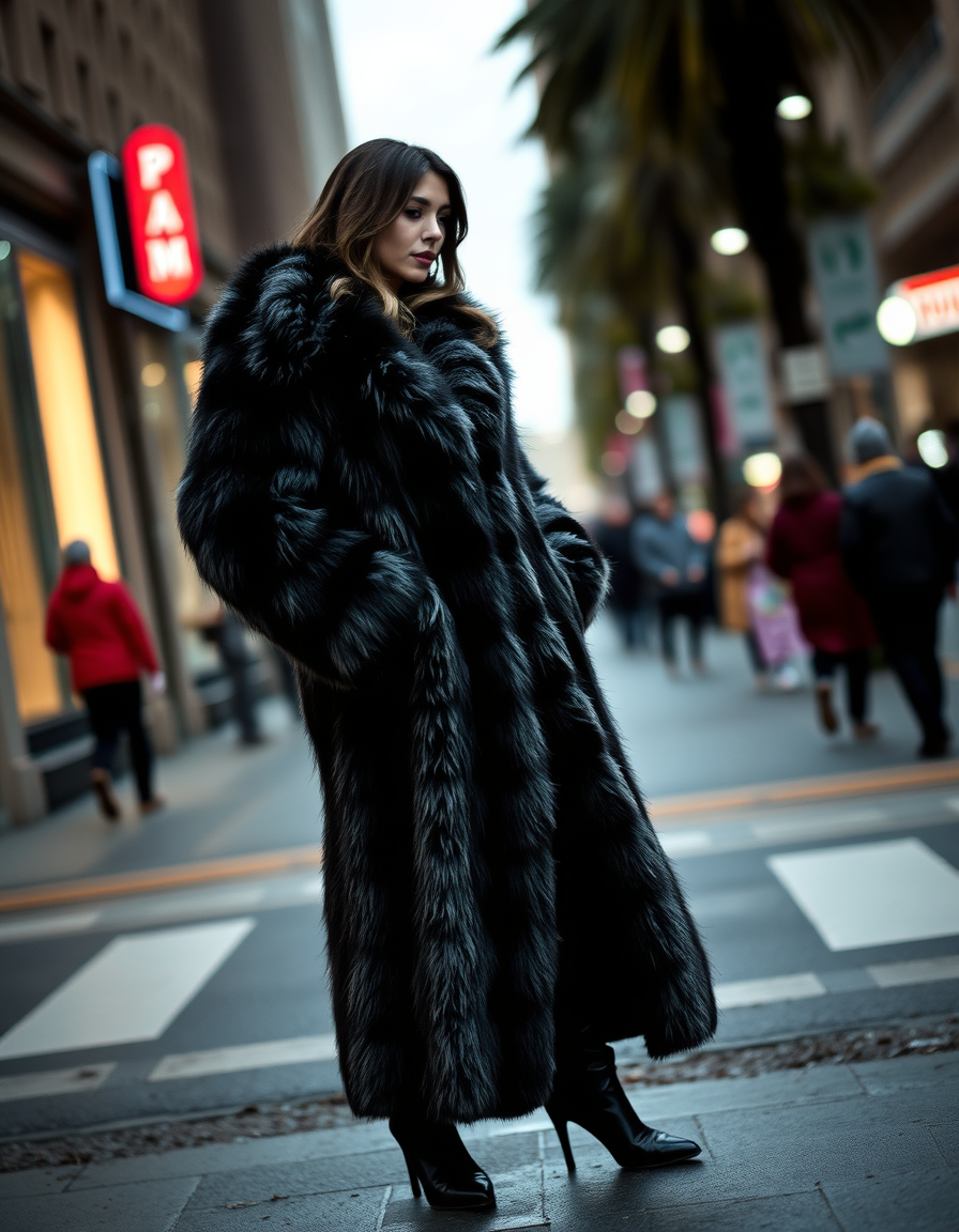 Main art studio: woman in big full-length fur coat