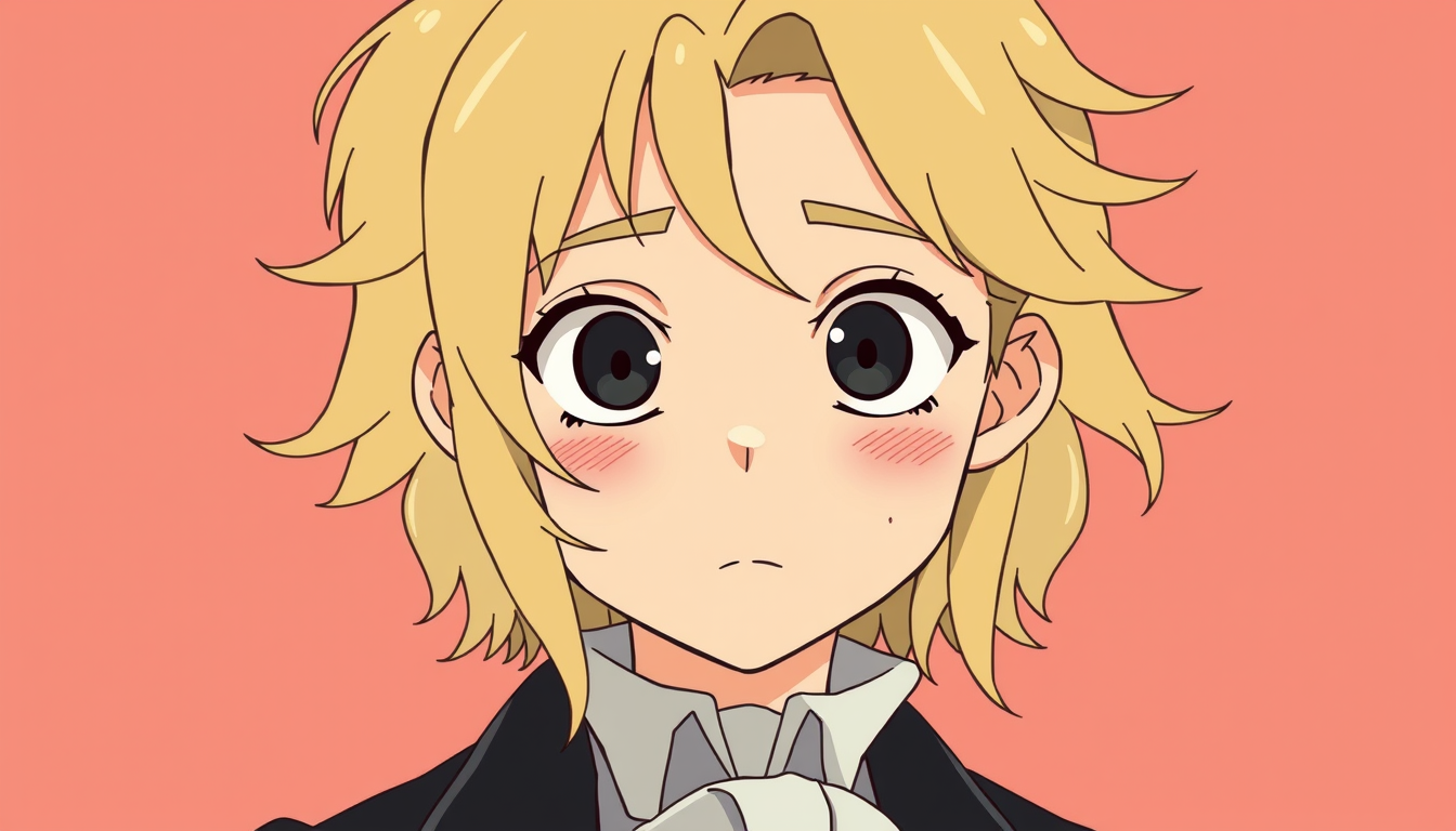 Main art studio: make me a cute but edgy profile pic (minimal clutter) of young brahms in the style of lucky star, pretty please!, blone hair, big eyes, lucky star sty