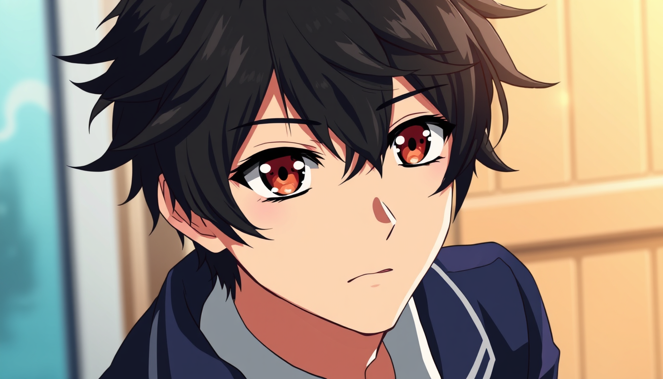 Anime idea: anime style, vibrant colors, expressive eyes, A beautiful Japanese romance anime boy, 17 years old, messy black hair, gentle brown eyes, navy school u