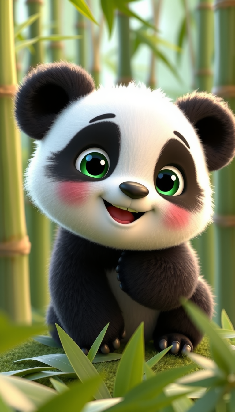 AI Art prompt example created from the prompt: Create a 60-second viral nursery rhyme video in Pixar-style 3D animation. Main character: An adorable fluffy baby panda with big sparkling e
