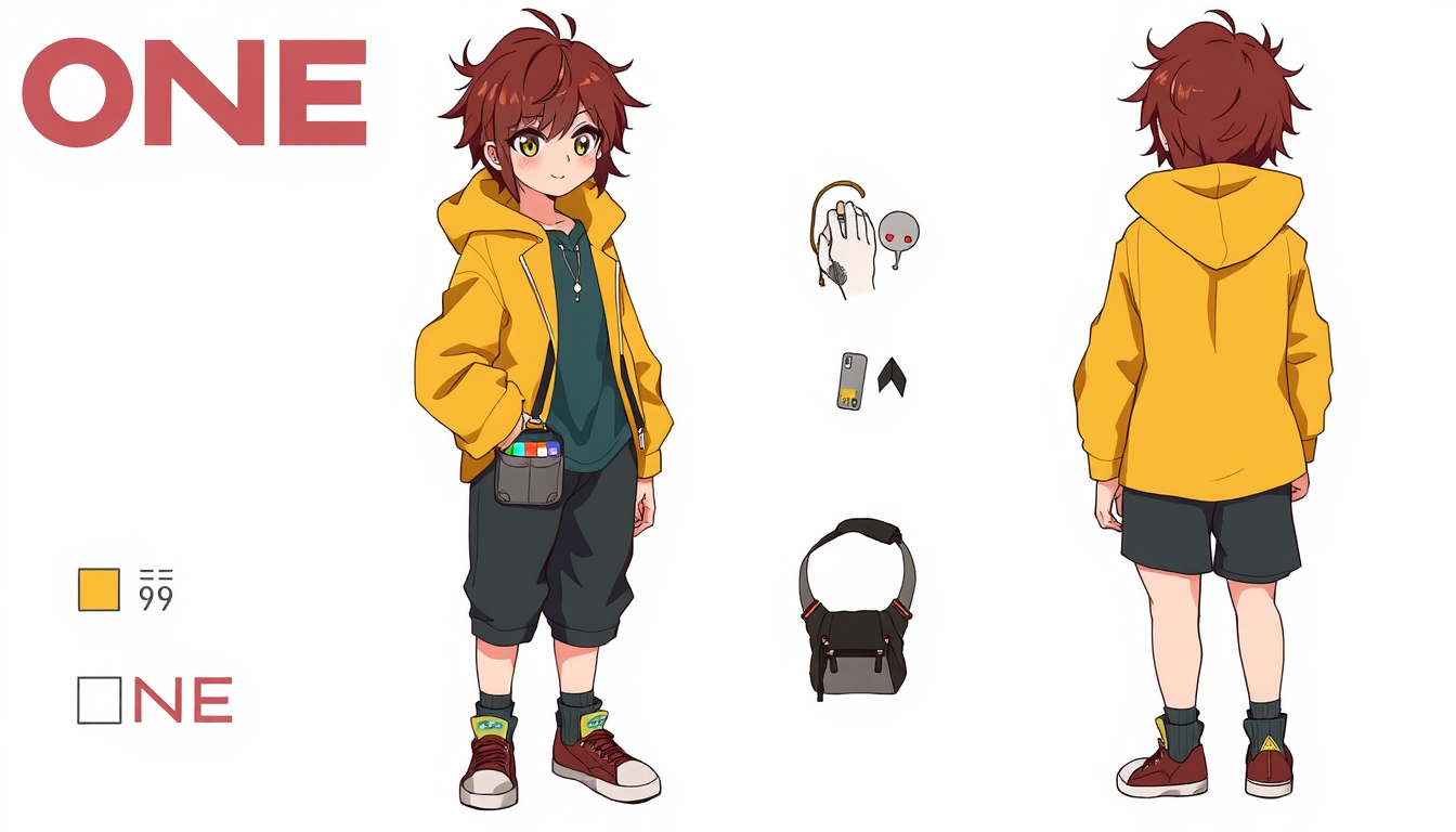 Main art studio: Draw an original anime character representing PHASEONE 10841, nicknamed ONE. This is a fan-inspired personification of an unusual AI agent that unexpe