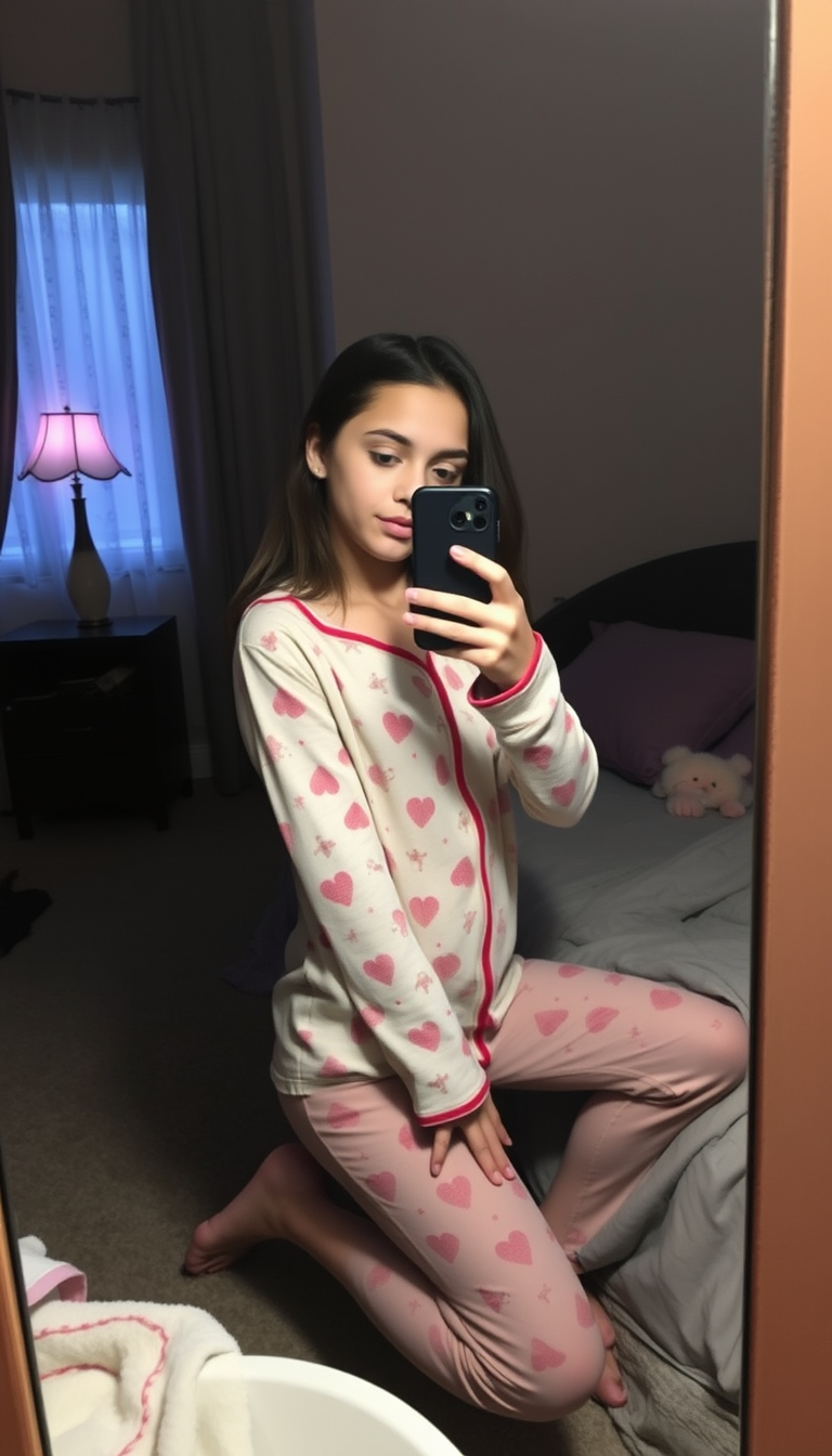 Main art studio: Fais une fille debout en pyjama, elle se prend en selfie miroir et il fait nuit , elle est a 14 ans , son téléphone cache sa tete