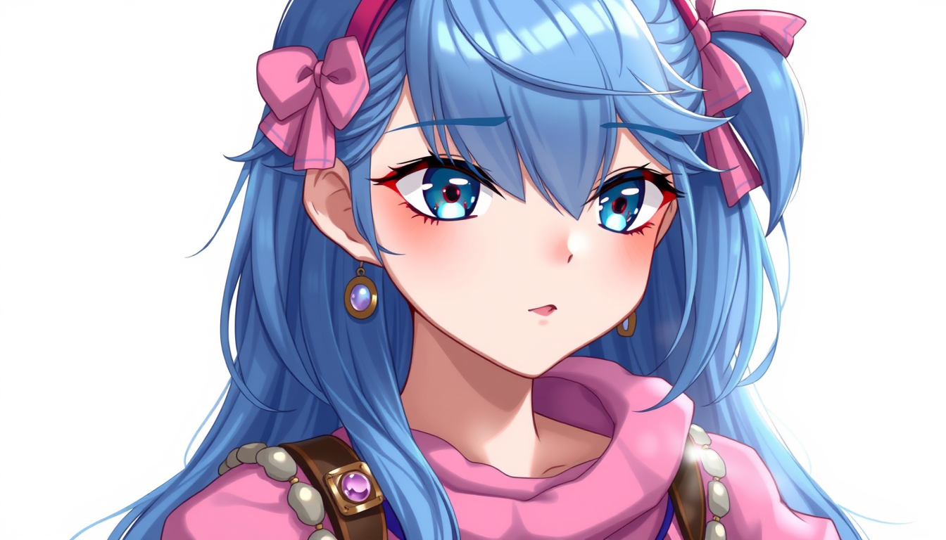 Characters idea: original character design, detailed outfit and accessories, expressive personality, blue hair, long hair, pretty girl. blue eyes, pink clothes about 1