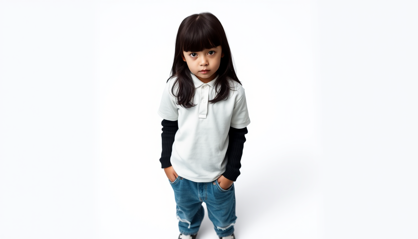 Main art studio: an image of a cute girl standing with white polo t-shirt and blue torn baggy jeans pant , long black open hair without bangs and black crop sweater .