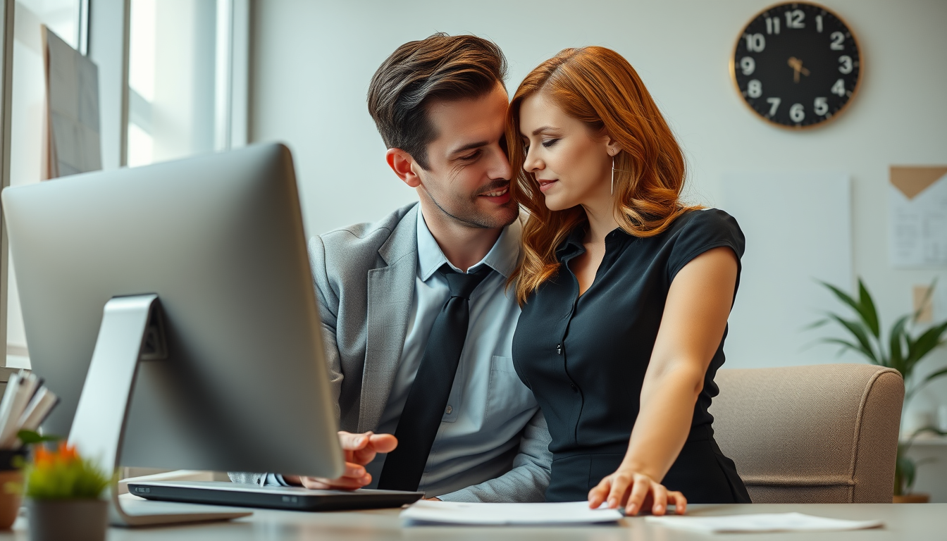 Main art studio: tall dark haired man, 45yo seduces ginger hair woman, office clerk, make it spicy