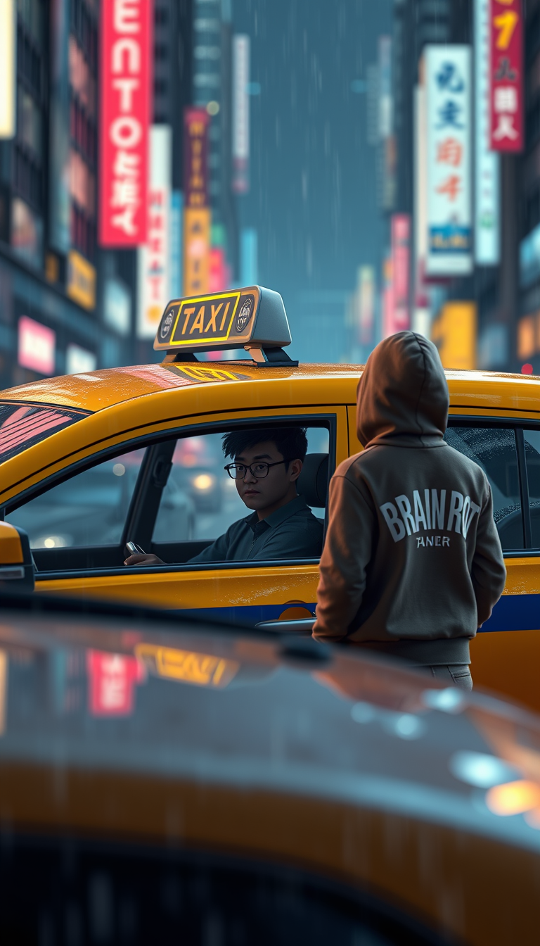 Main art studio: Cinematic vertical 9:16. Rainy neon city at night. A yellow taxi is fully visible. Tun Tun Sahur sits correctly in the front driver seat, hands on the