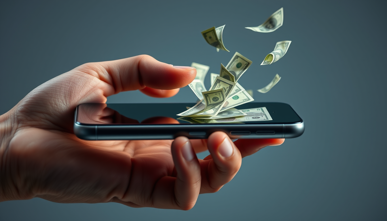 Main art studio: Close-up product advertisement scene, one hand holding a modern smartphone horizontally. The index finger rests on the back panel of the phone, the sc