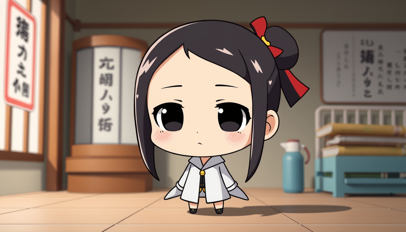 AI Chibi idea created from the prompt: a compact super-deformed character with an oversized head, simple silhouette, and readable expression, deliberate composition, Yurei anime c