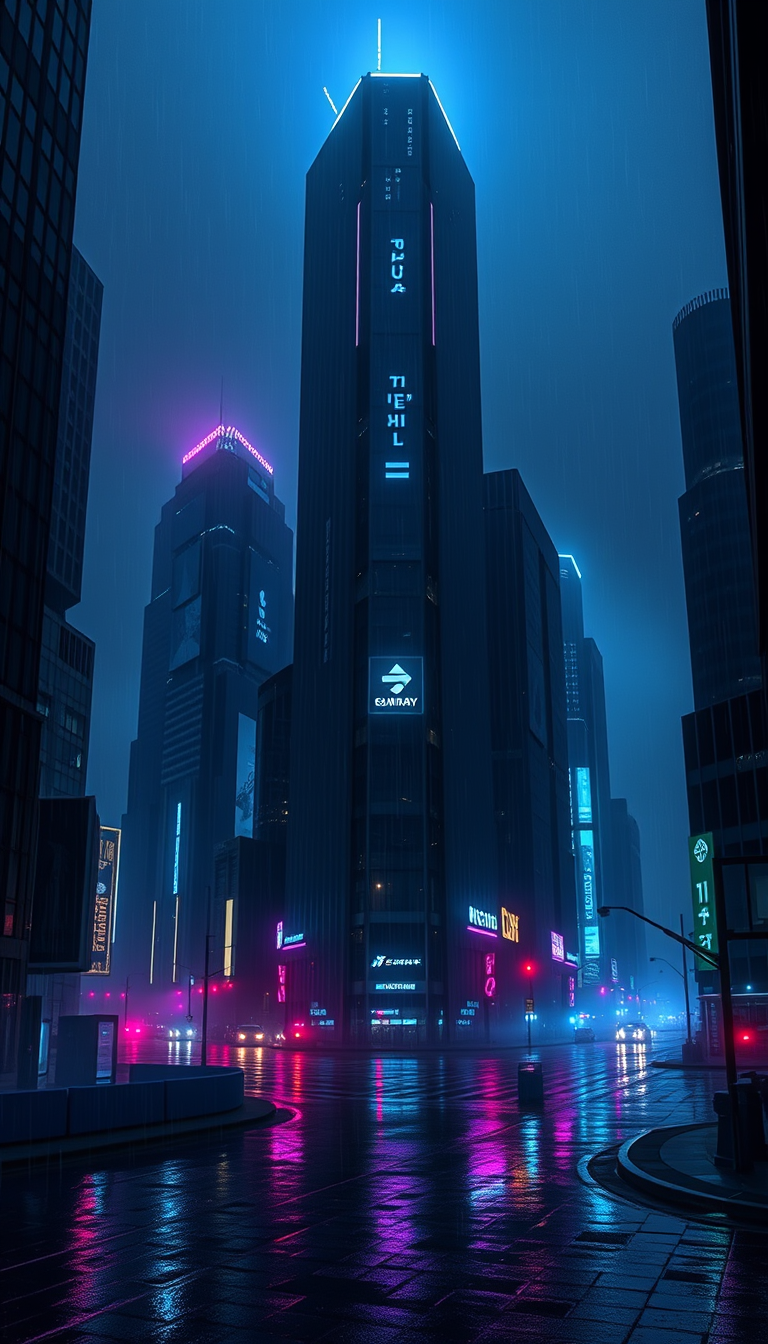 Main art studio: Create a 9:16 dark mobile wallpaper of a futuristic cyberpunk city at night, black skyscrapers, subtle rain, glowing neon blue and purple lights, atmo