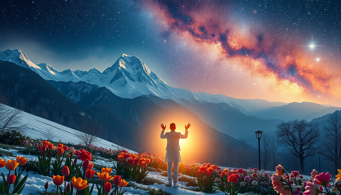 Main art studio: A breathtaking, epic, and deeply spiritual surreal conceptual art piece. On one side, a tranquil transition from a snowy, freezing winter landscape bl