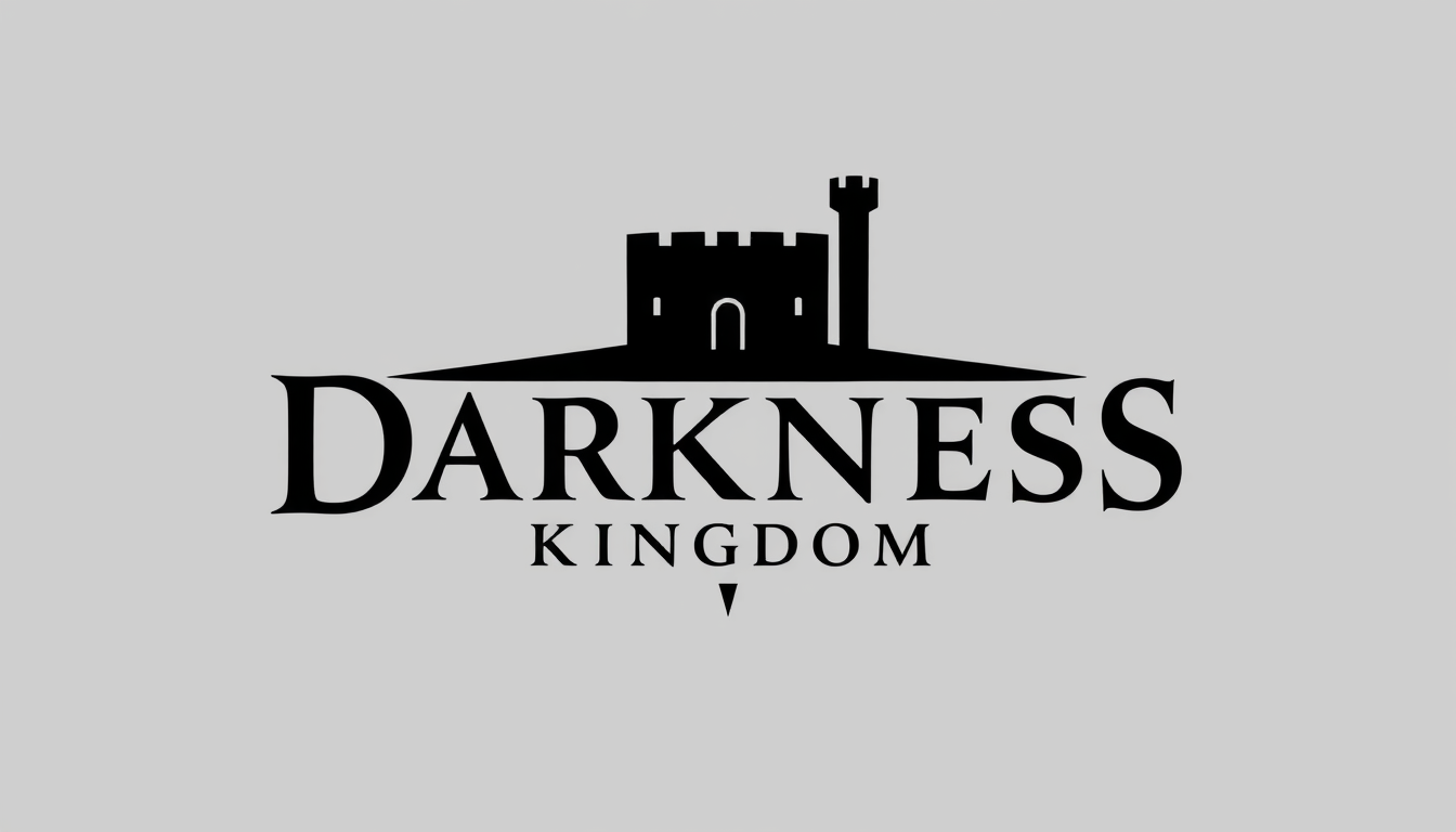Logo idea: logo design, clean minimal mark, bold simple shapes, balanced composition, Exact text: DARKNESS OF KINGDOM. Light gray background, bold gothic black l