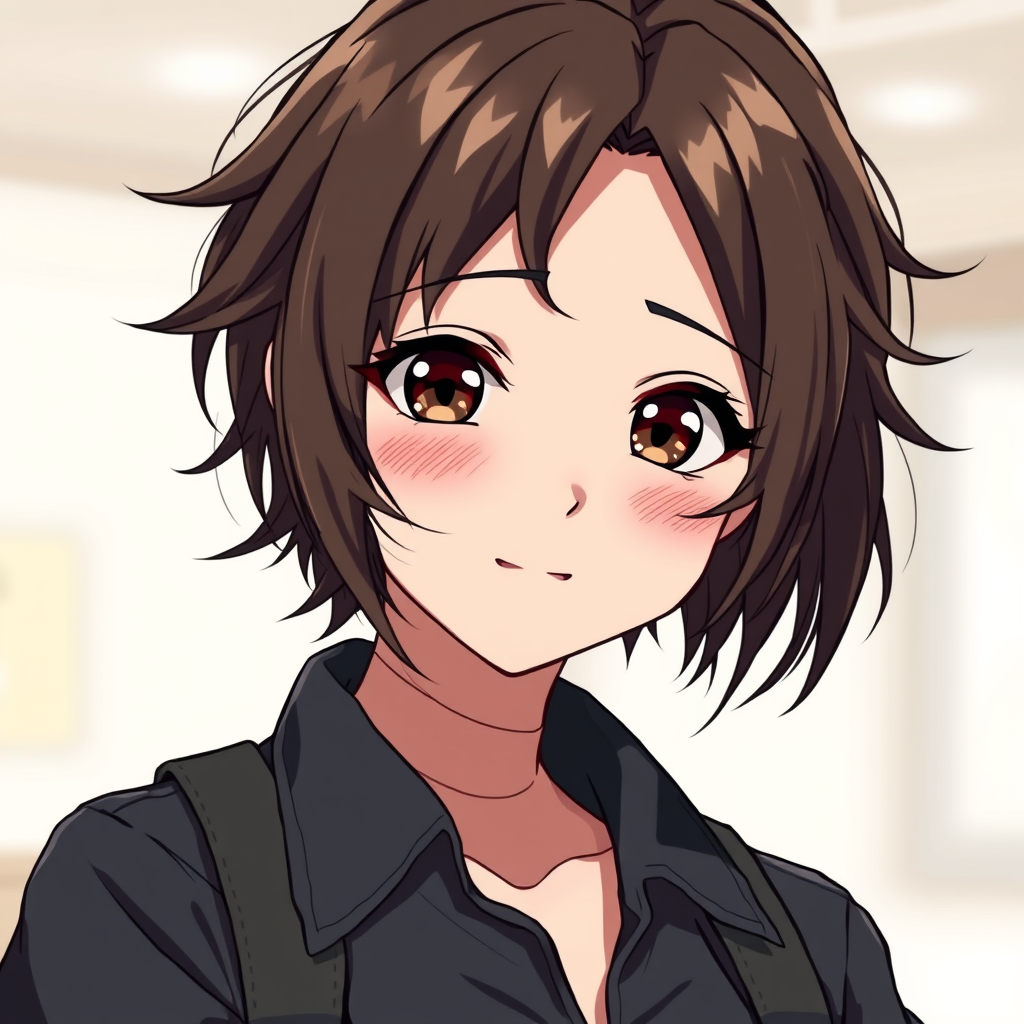 Characters idea: original character design, detailed outfit and accessories, expressive personality, Anime portrait of a 24-year-old woman with messy dark brown hair, 