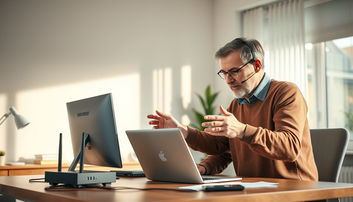 Main art studio: A modern, clean home office environment showing a friendly technology support scene. A male person helping an older adult with a laptop computer, expl