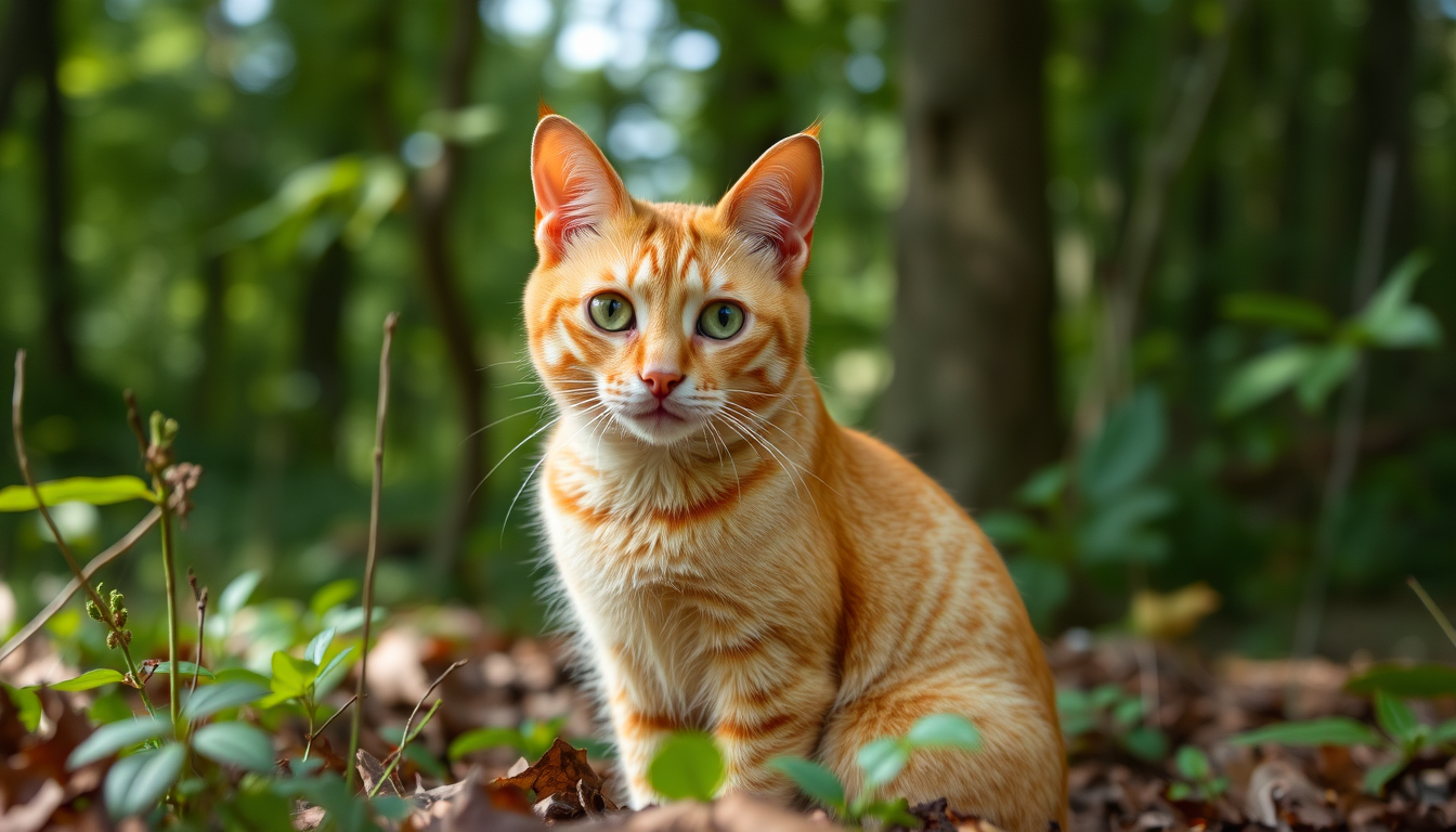 Main art studio: Orangene schlanke Katze sitzt in einem Wald am Tag. Die Katze hat grüne Augen