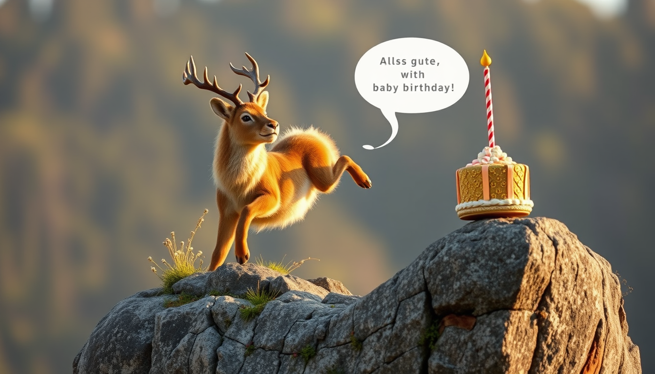 Main art studio: Ein Löwe rennt durch eine Wüste springt auf einen hohen Stein und sagt mit Baby Stimme alles gute zum Geburtstag