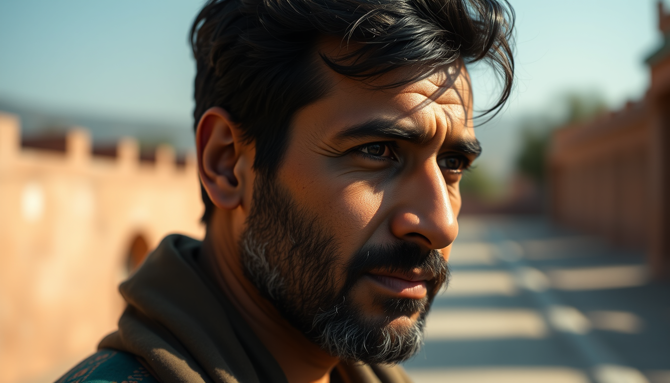 AI Art prompt example created from the prompt: A realistic cinematic portrait of a Pakistani man standing in a beautiful outdoor location, natural sunlight, detailed face, realistic skin
